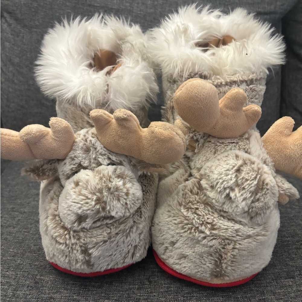 Cute Moose Plush Slippers with Fur Trim